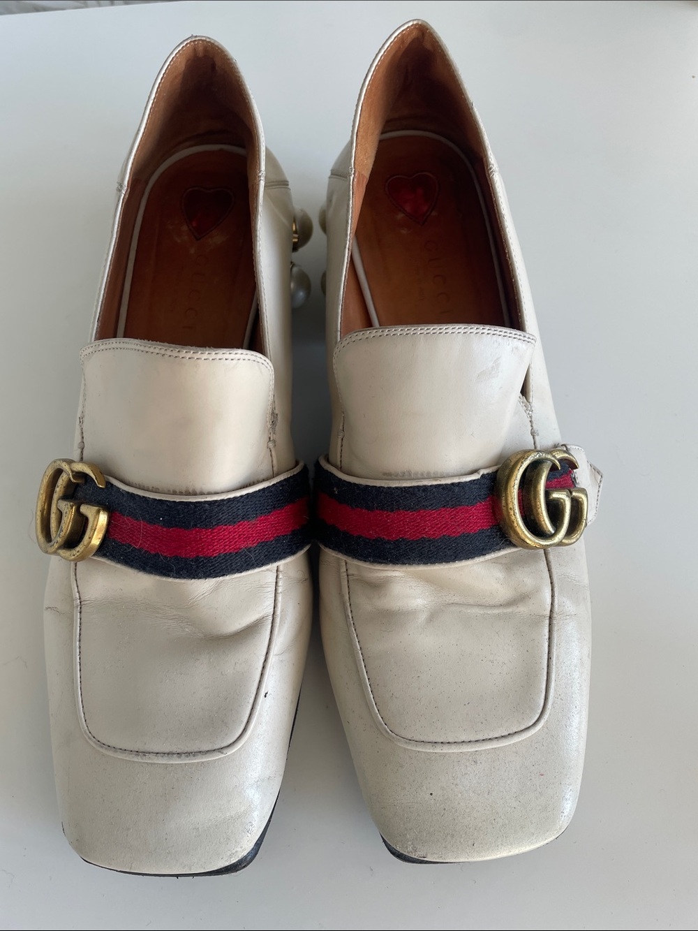 Gucci Cream Leather Horsebit Loafers with Navy-Red White sz 39
